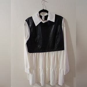 Black and White Faux Leather Panel Shirt